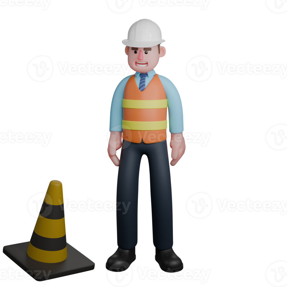 Professional Male Architect in 3D. An Architect stands next to a safety traffic cone. Urban Development Character png