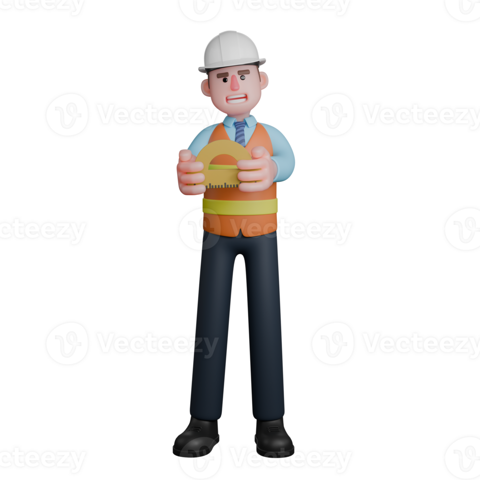 3D Model of Male Architect. An Architect stands with both hands holding a protractor in front of his chest. Professional Designer png