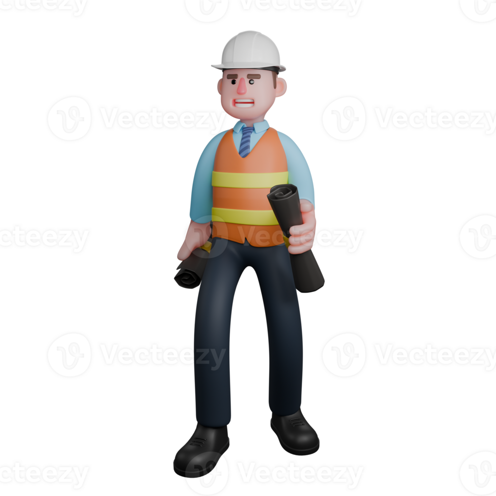 3D Male Architect at Work. An Architect stands holding a roll of sketch drawings in both hands. Building Design Cartoon png