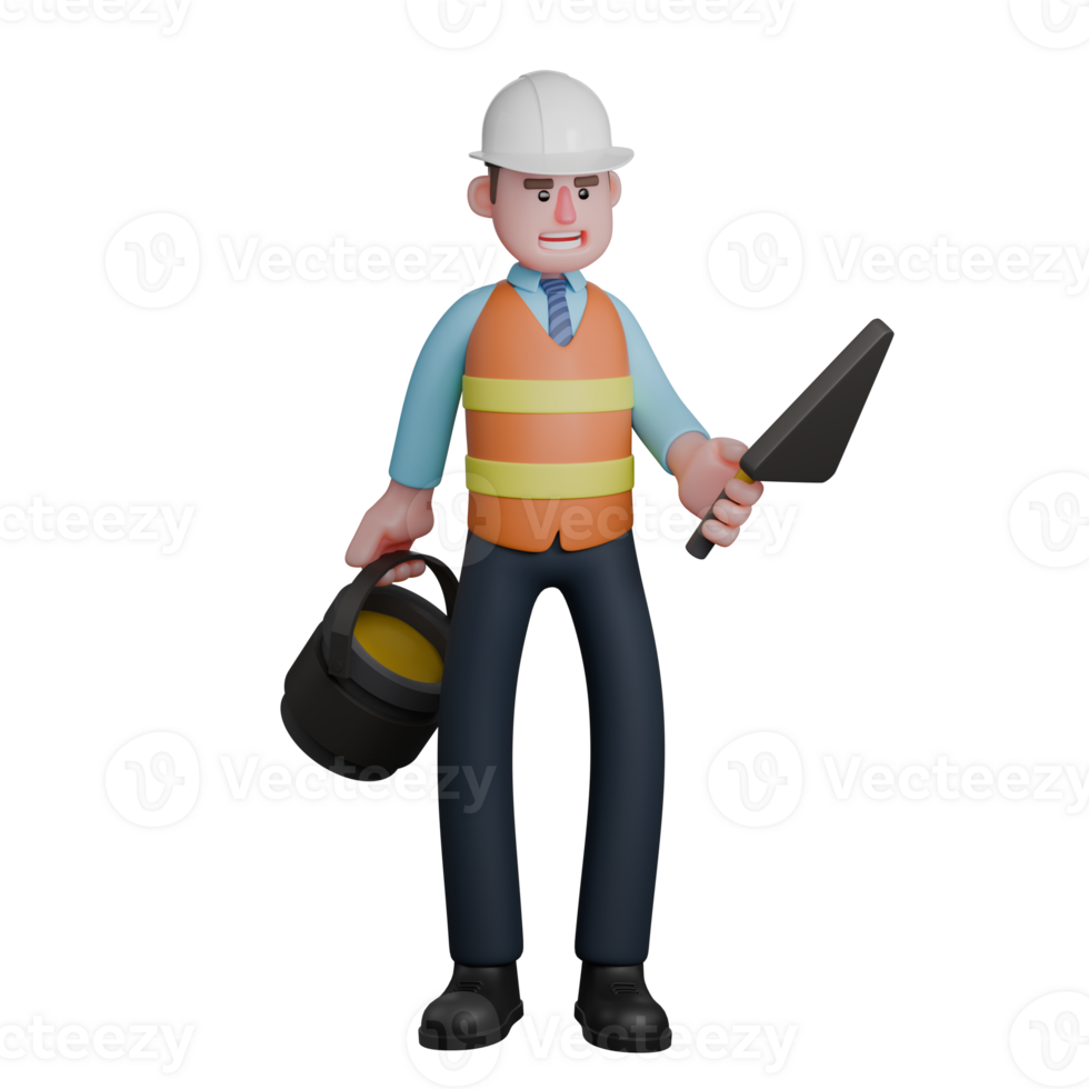 Architecture 3D Illustrated. An architect is standing holding a cement trowel in his left hand while his right hand is holding a bucket of cement. Professional Male Architect png