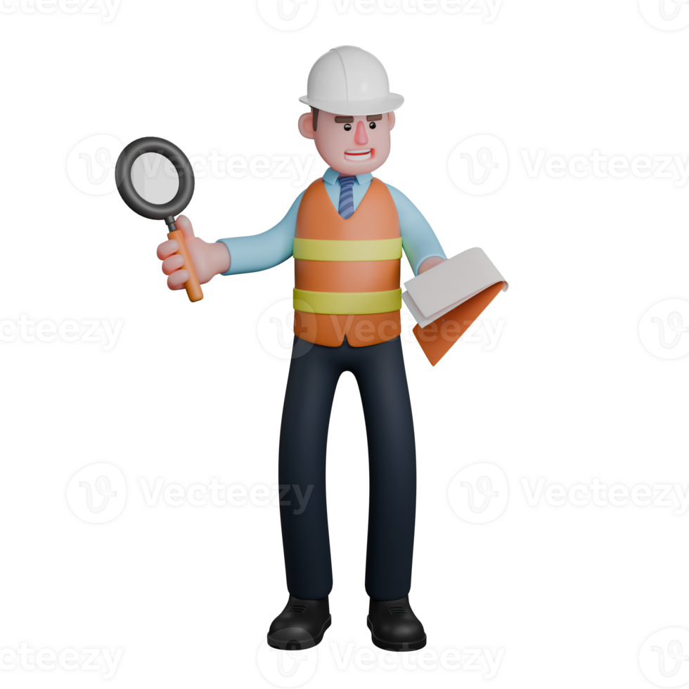 Animated Male Architect. An Architect stands with his right hand holding a magnifying glass while his left hand holds a clipboard. 3D Construction Expert png