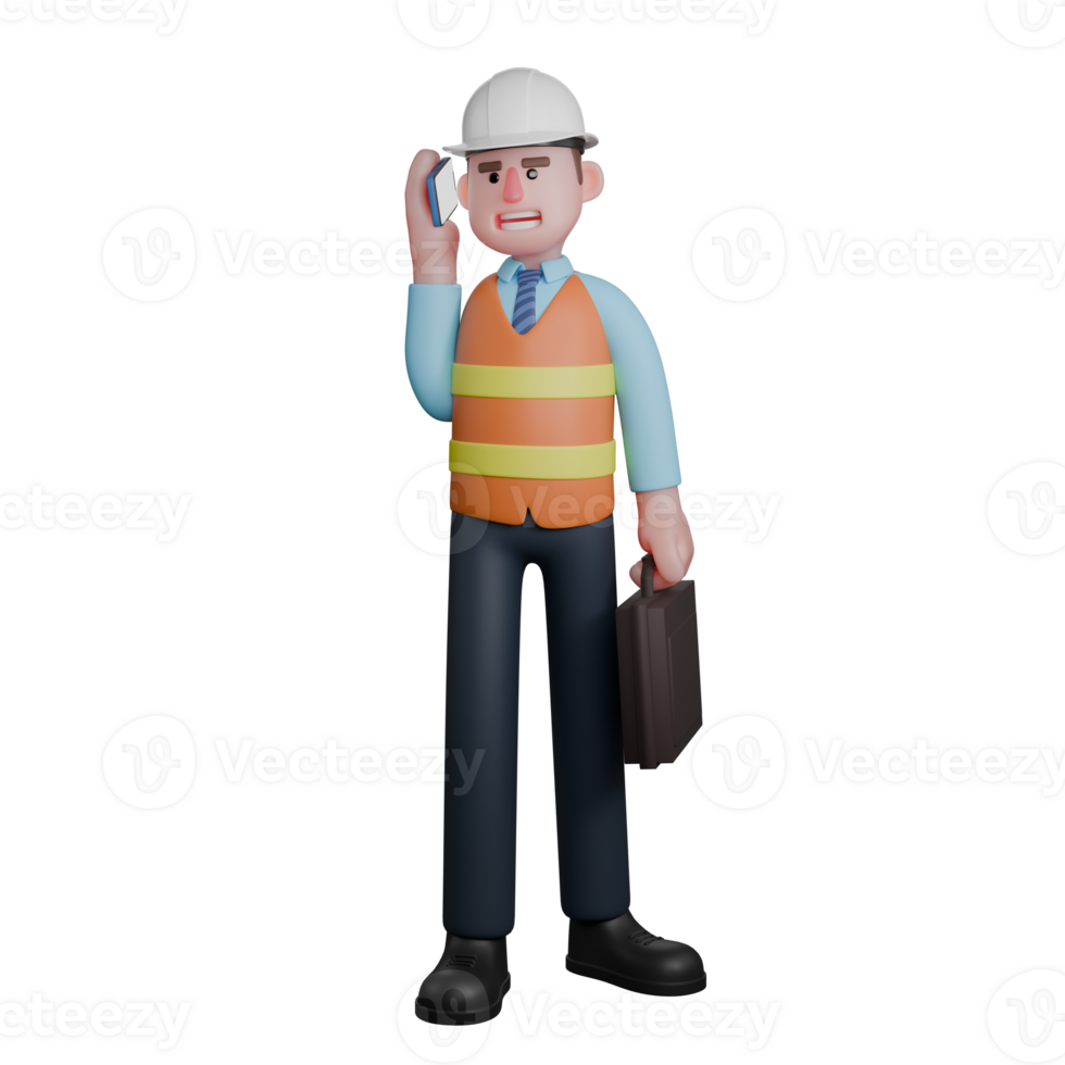 Professional 3D Architect. An Architect stands with his left hand holding a briefcase while his right hand holds a cellphone placed in front of his ear. Male Design Expert png