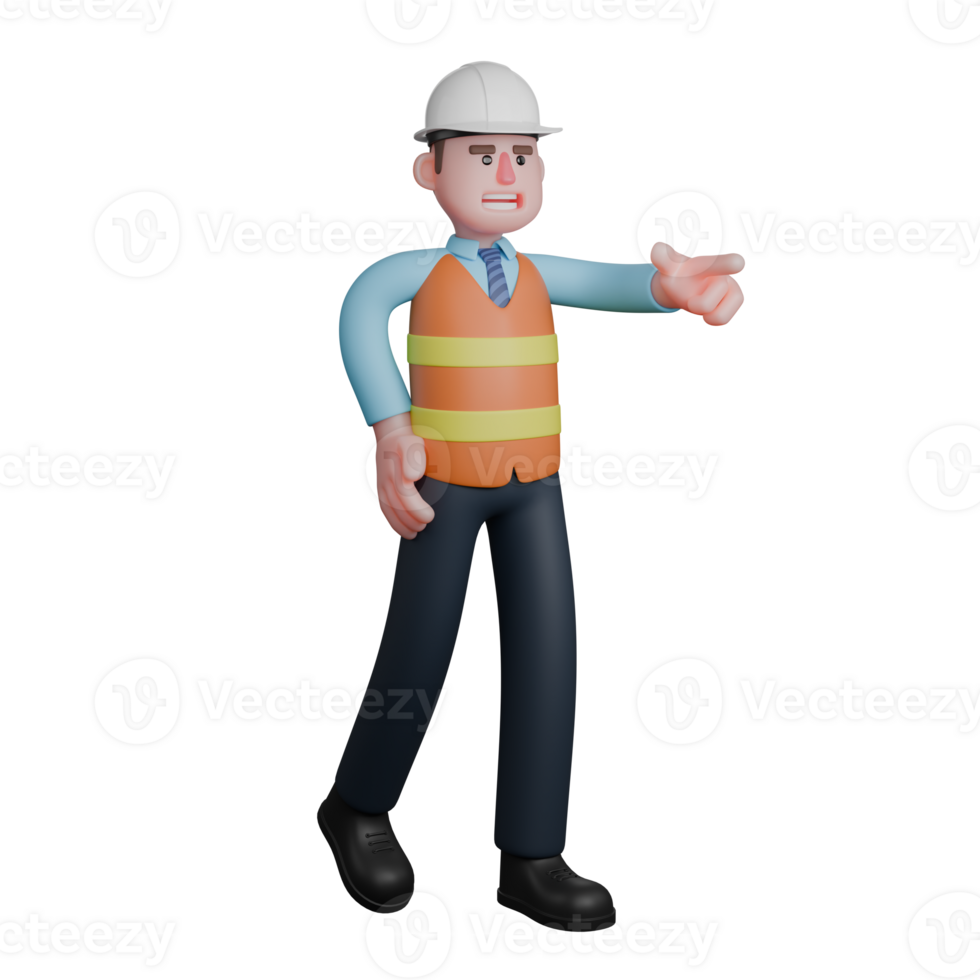 Design 3D Cartoon. An Architect walks with his right hand on his waist while his left hand points forward. Male Architect png