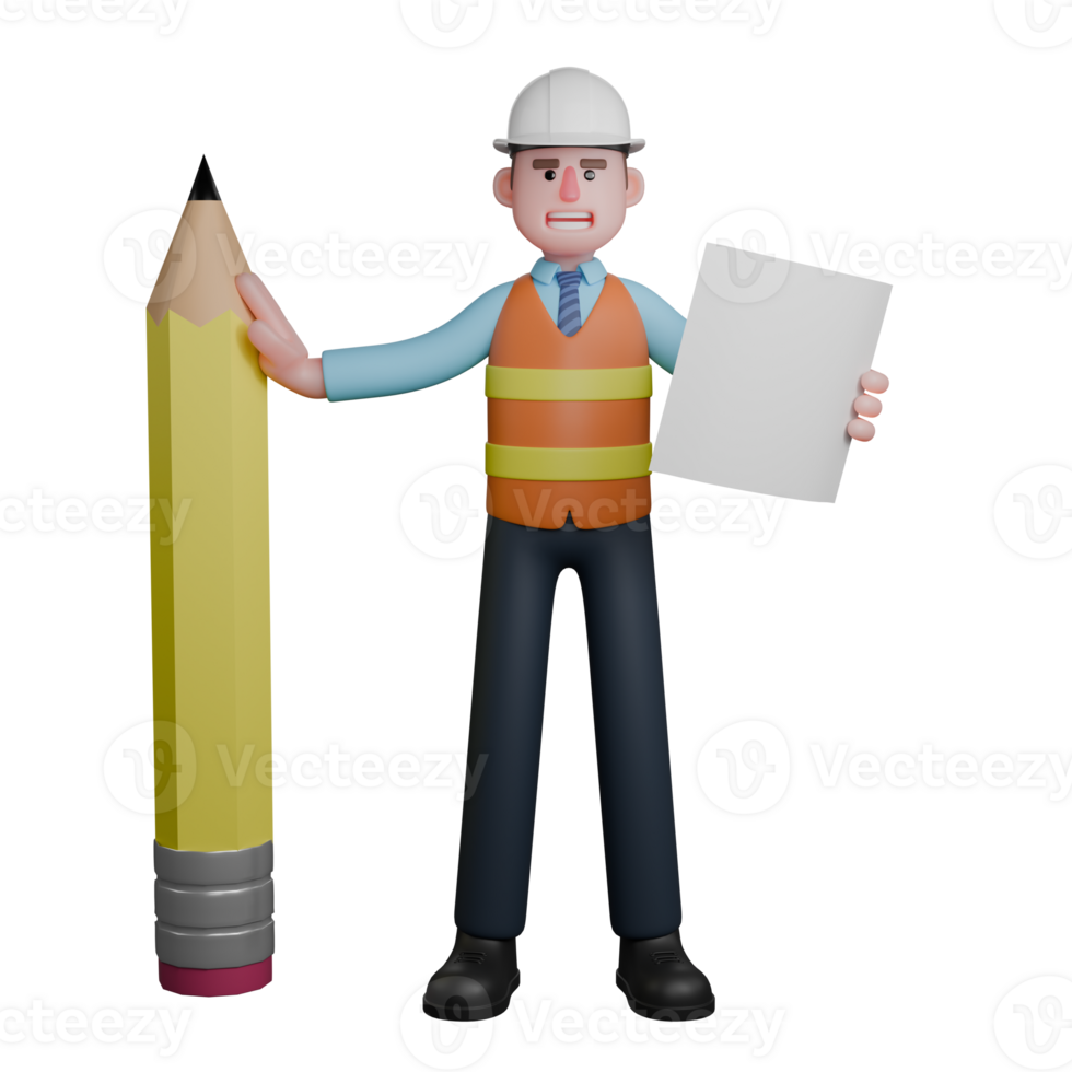 3D Male Architect. An Architect stands beside a large pencil with his left hand holding white paper while his right hand holds a large pencil. Professional Design Character png