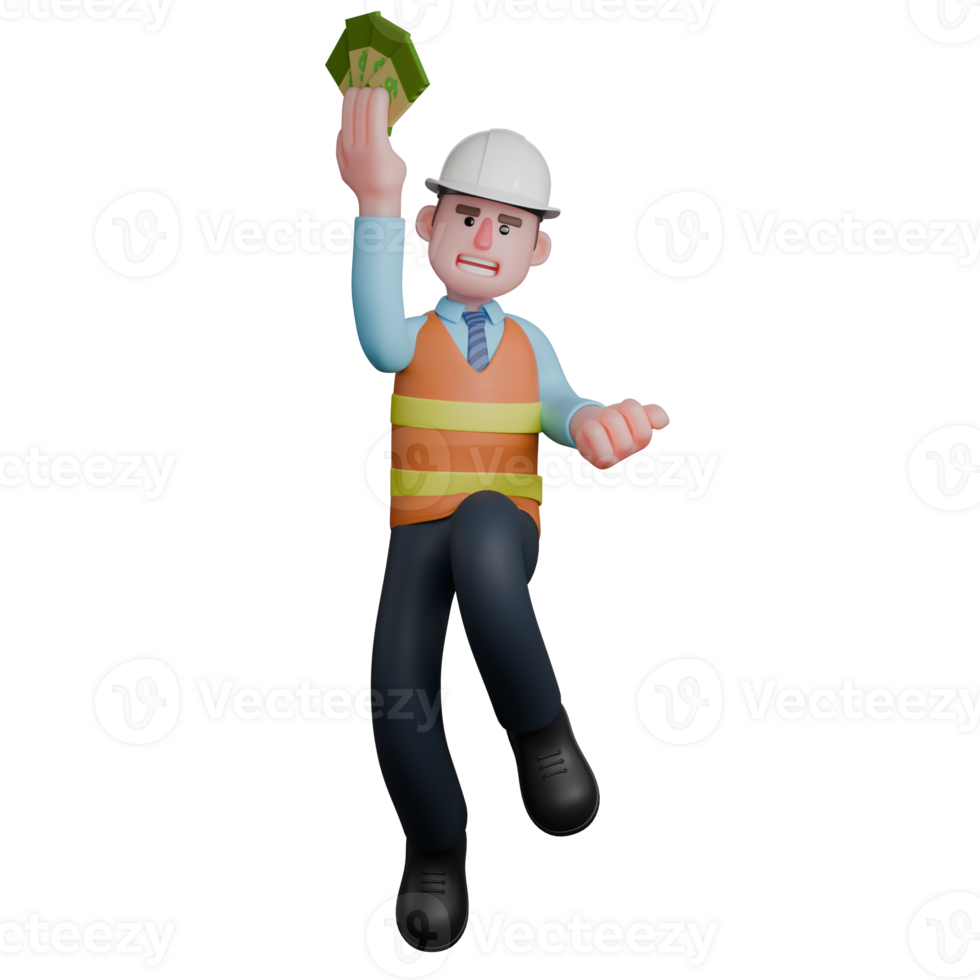 Illustrated Design Expert. An Architect jumps with his right hand holding banknotes. 3D Male Architect png
