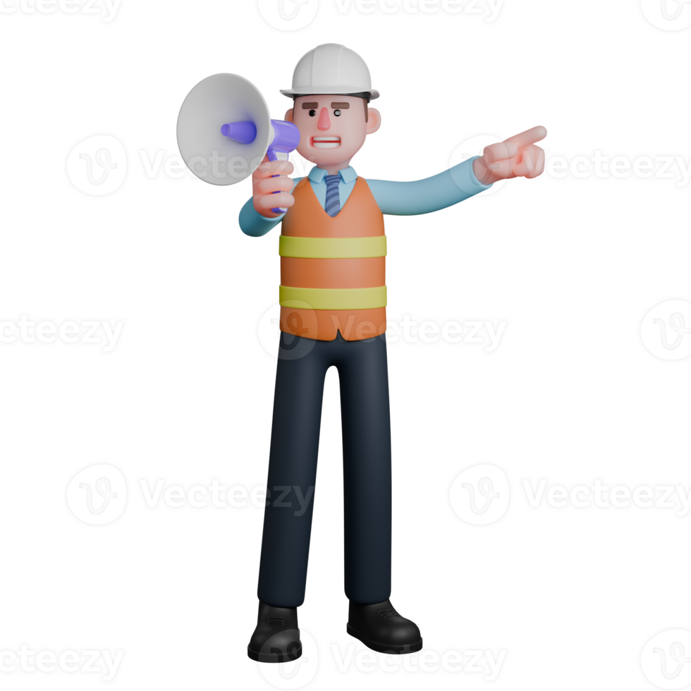 3D Male Architect in Studio. An Architect stands holding a loudspeaker in his right hand while his left hand points forward. Design Illustrated png