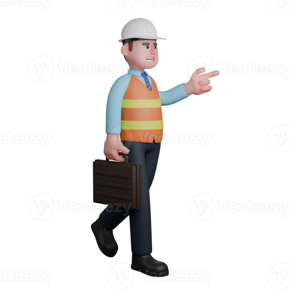 Animated Professional Architect. An Architect walks carrying a briefcase in his right hand while his left hand points in a certain direction. 3D Male png