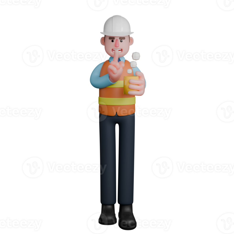 3D Model of Male Architect. An Architect stands with his left hand holding a cup of coffee while his right hand is raised in front of his chest with his index finger in front of his mouth. png