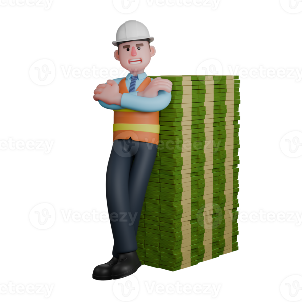 3D Male Architect in Office. An Architect leans on a pile of banknotes with his legs crossed while both hands are folded in front of his chest. Professional Character png