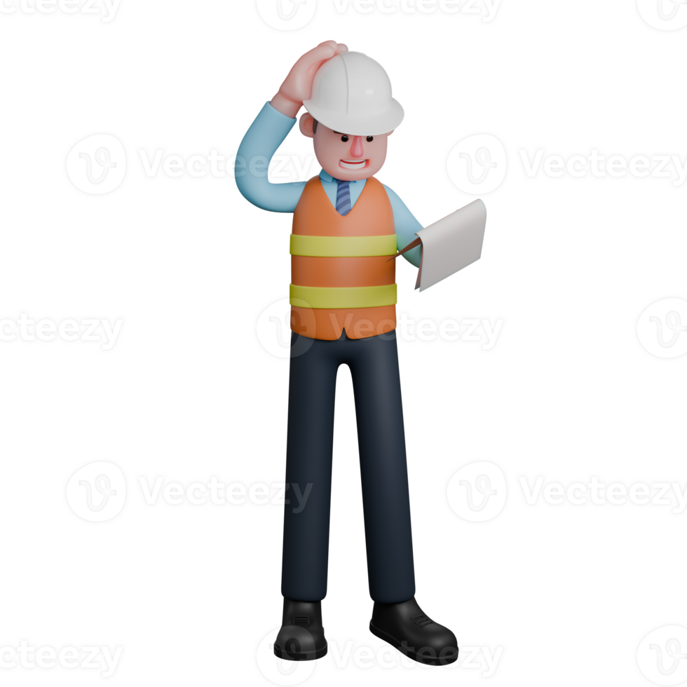 Professional Male Design Character. An architect stands holding a clipboard with his left hand while his right hand is holding his head. 3D Architect png