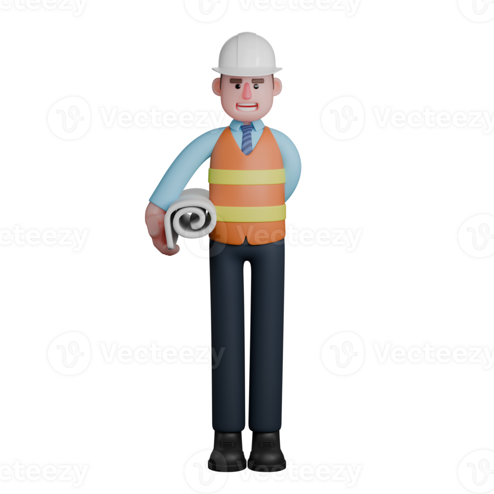 Illustrated Design. An architect stands with his right hand holding a stack of sketches. 3D Male Architect png