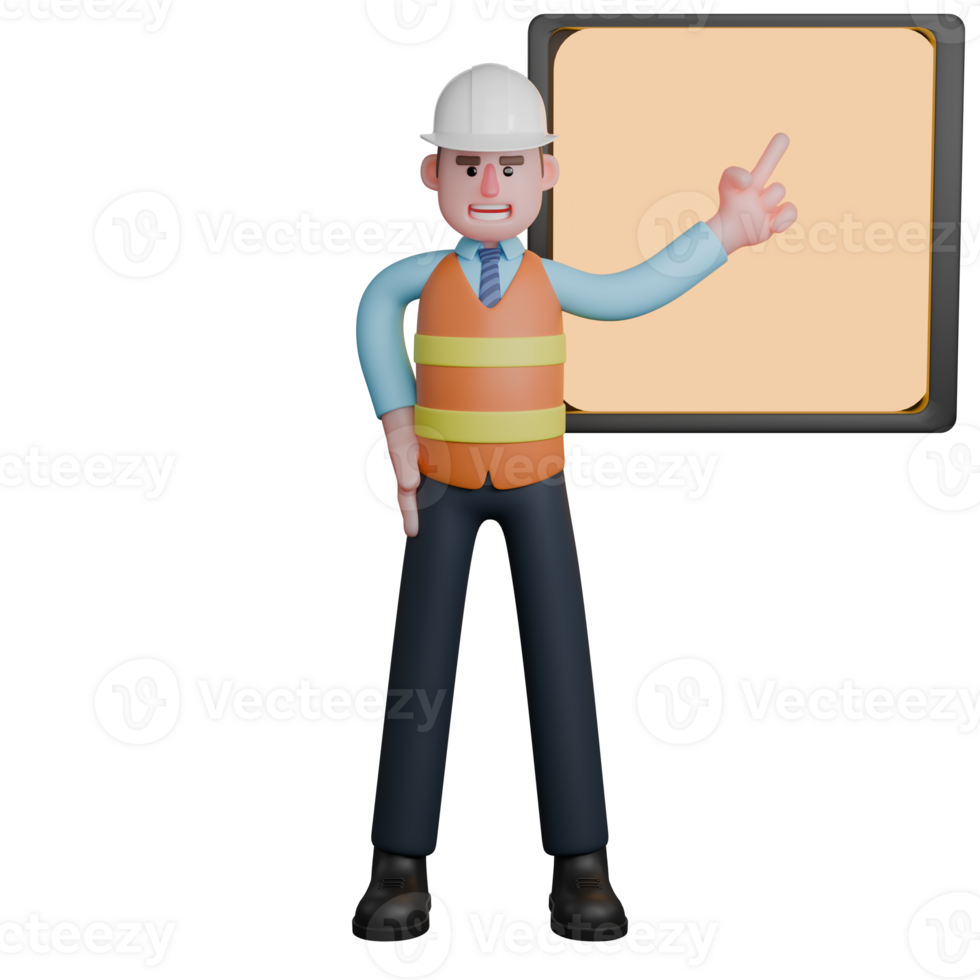 Architect Male Professional. An architect stands pointing at the board with his left hand while his right hand is on his waist. 3D Design Illustrated png