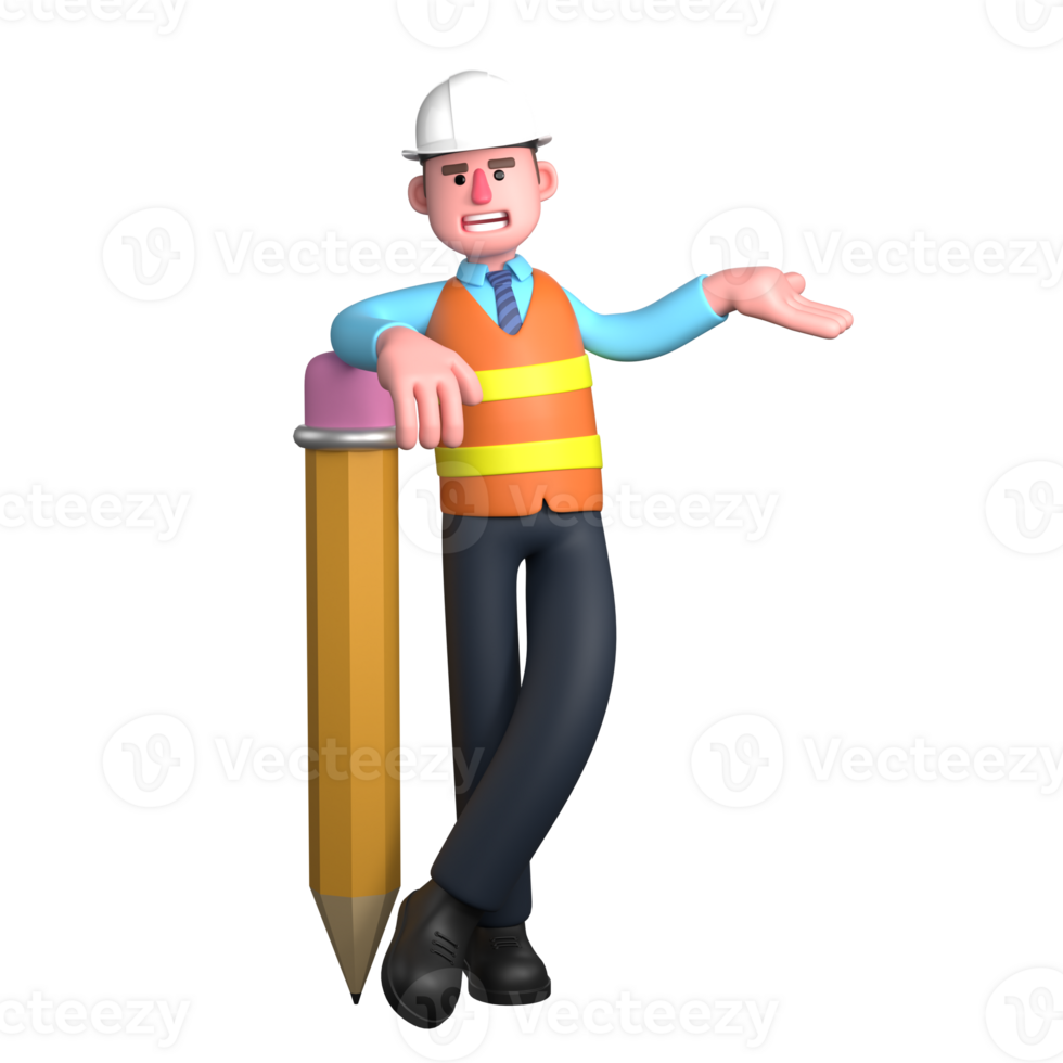 An Architect stands next to a large pencil with his legs crossed while his right hand rests on the pencil and his left hand is stretched out to the side with the palm facing upwards. png