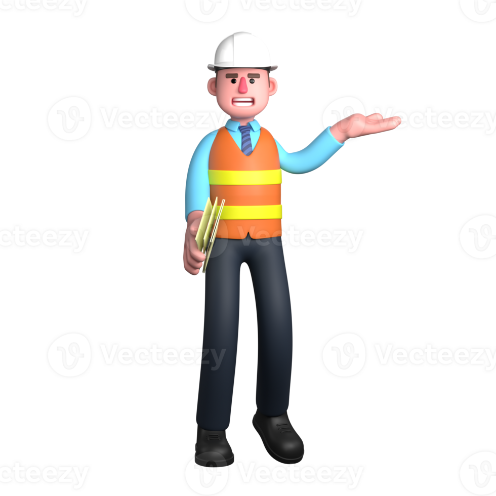 Professional 3D Male Design Architect. An Architect stands with his right hand carrying several sheets of paper while his left hand is raised upwards with the palm facing upwards. Cartoon png