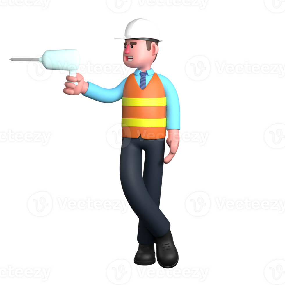 Professional Architect Character in 3D. An Architect stands with his legs crossed and holds a drill in his right hand. Male png