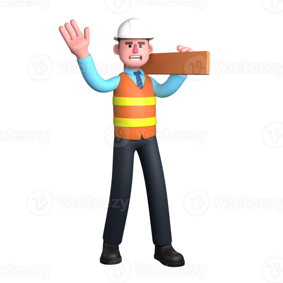 3D Male Architect in Design Profession. An Architect stands with his left hand holding a block of wood that is on his shoulder while his right hand is raised upwards. Illustrated png