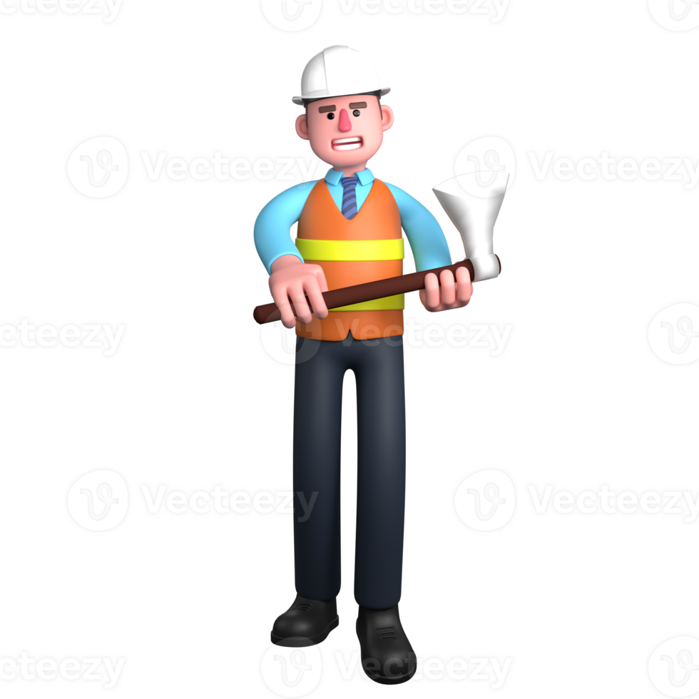 Male Architect in Design 3D. An Architect stands with both hands holding an axe. Professional Character png