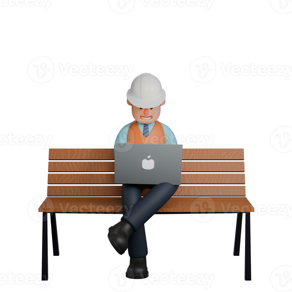 3D Professional Male in Architect Role. An architect sits on a chair with a laptop on his legs. Design png