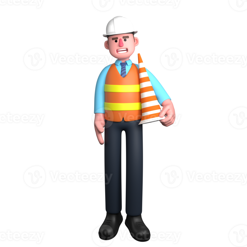 3D Male Design Character. An Architect stands with his left hand holding a traffic cone. Architect Professional png