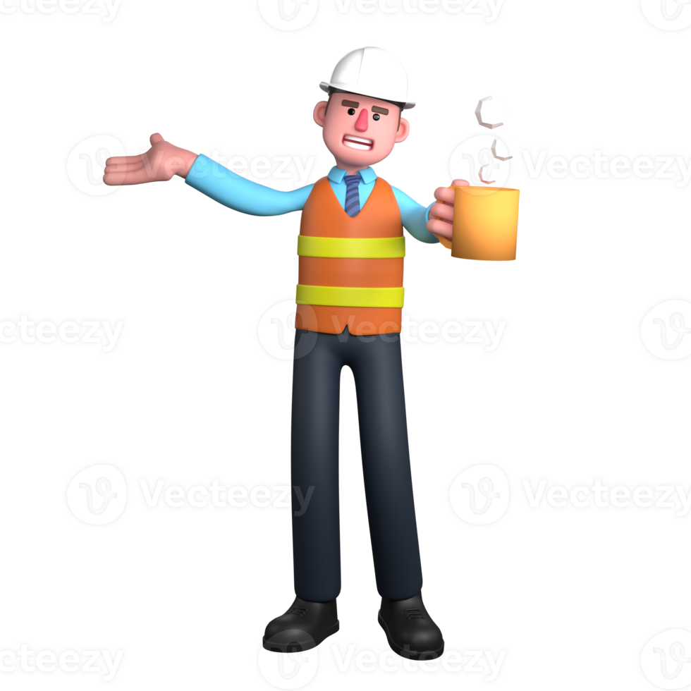 Professional Male Architect in 3D Animation. An Architect stands holding a coffee cup in his left hand while his right hand is extended to the side with the palm facing up. Design png