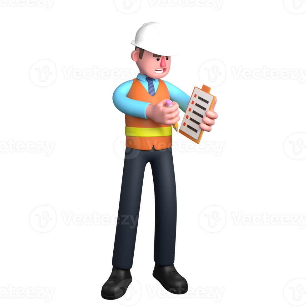 Architect in 3D. An Architect stands with his right hand holding a pencil while his left hand holds a clipboard with a checklist paper. Male Professional png