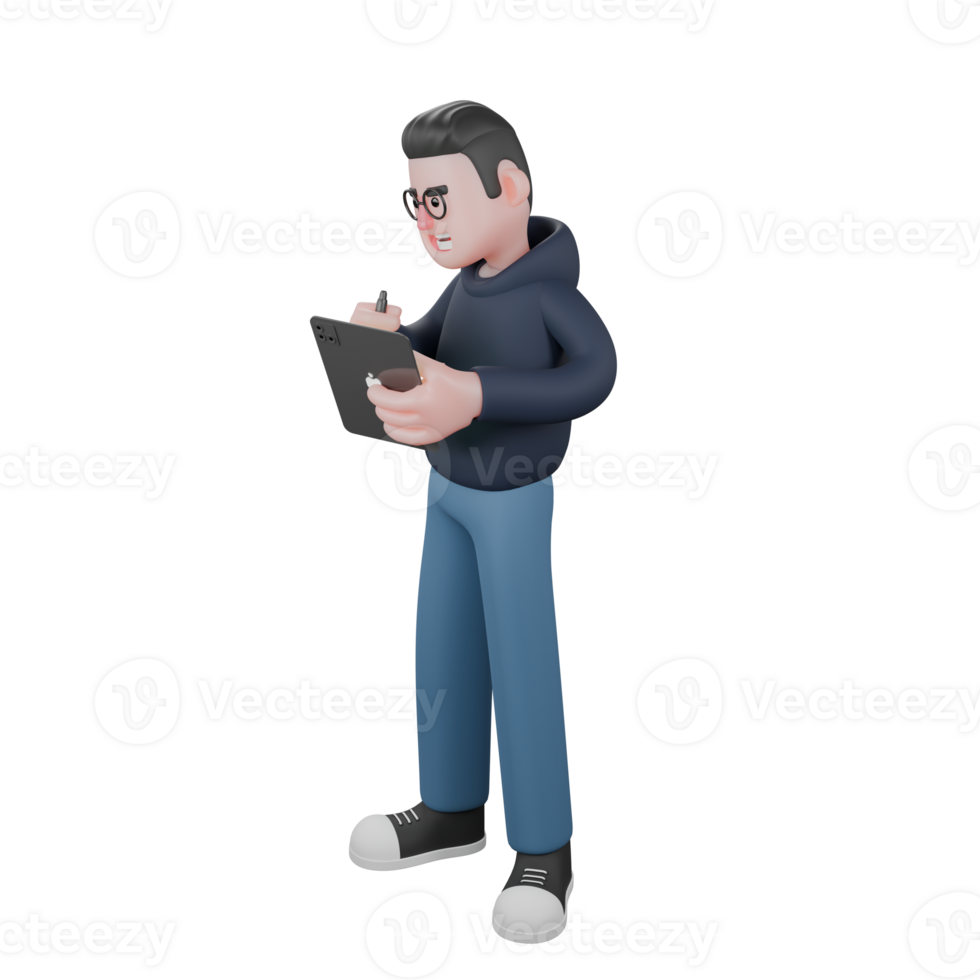 Male Programmer in Tech Action. A male programmer is standing holding a tablet in his left hand and a pen tablet in his right hand. 3D Coding Scene png