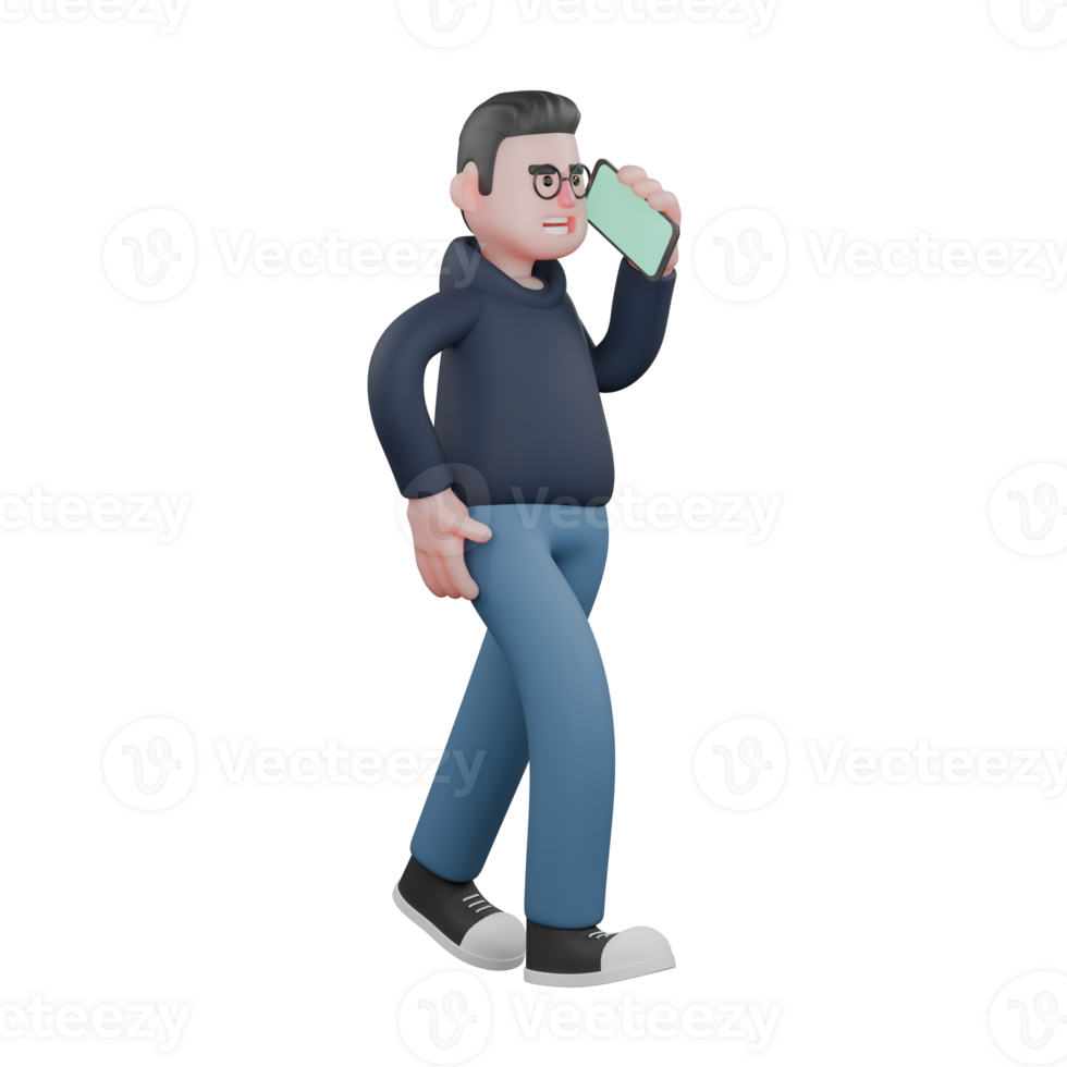 Cartoon Illustrated of a Male Programmer. A male programmer is walking holding a cellphone in his left hand and his right hand on his waist. 3D Tech Style png