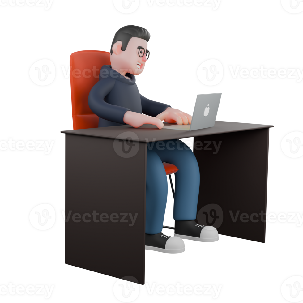 Male Programmer Cartoon in 3D. A male programmer is sitting behind a desk with both hands on the table. Coding Session Illustrated png