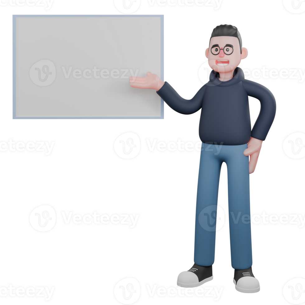 3DProgrammer Character. A male programmer is standing next to a presentation board with his left hand on his waist and his right hand pointing at the board with his palm facing up. png