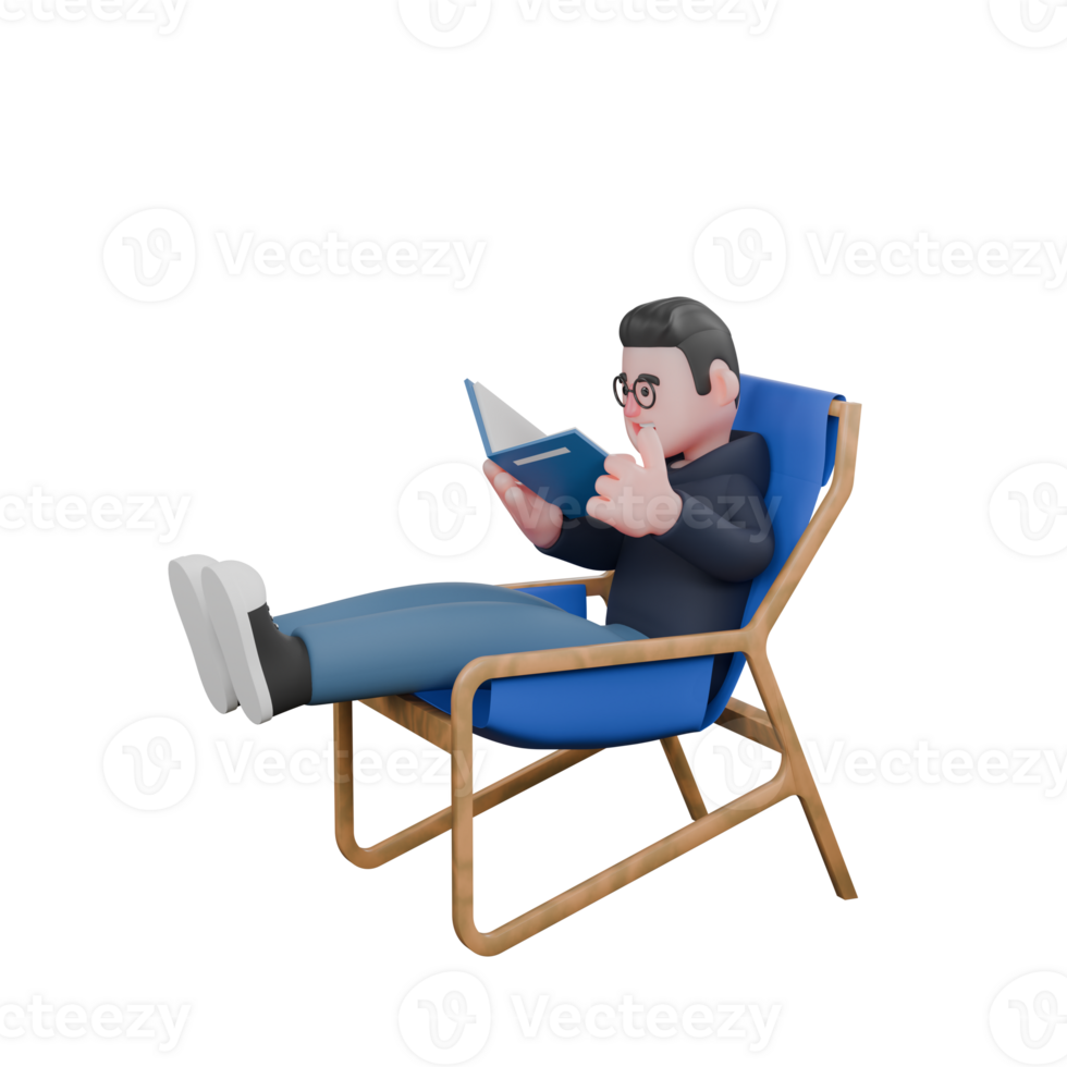 3D Model of Cartoon Programmer. A male programmer is sitting on a lounge chair with both hands holding a book. Tech Expert png
