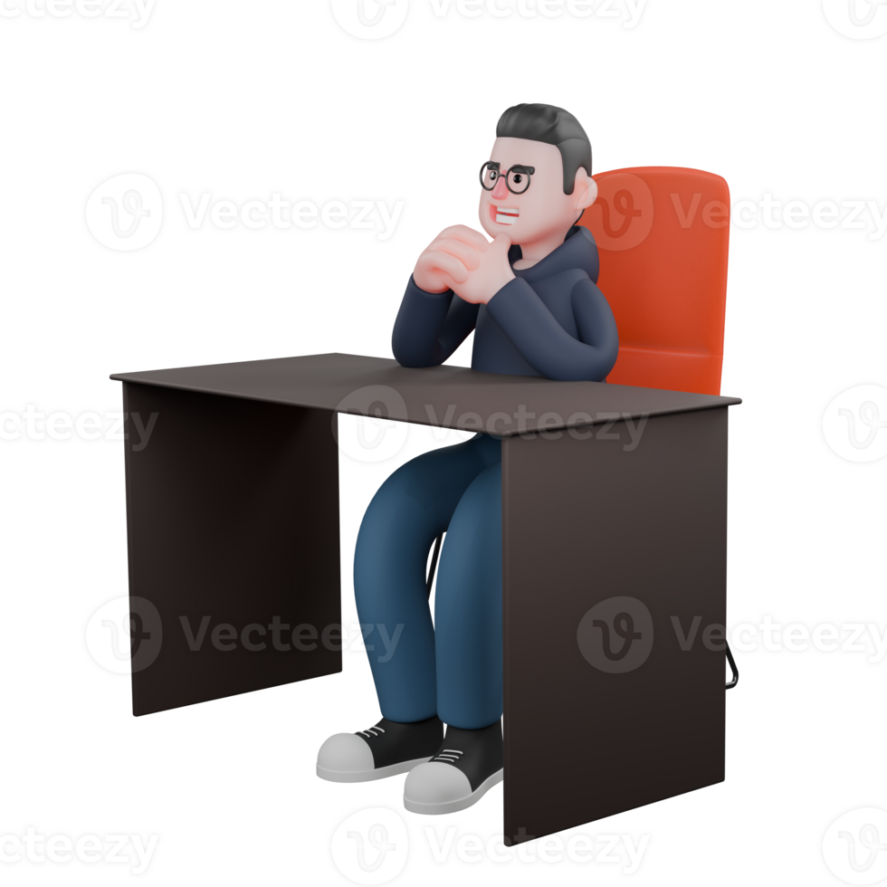 Professional Programmer 3D Cartoon. A male programmer is sitting on an office chair behind a desk, with his hands clasped in front of his face. Male Tech Guru png