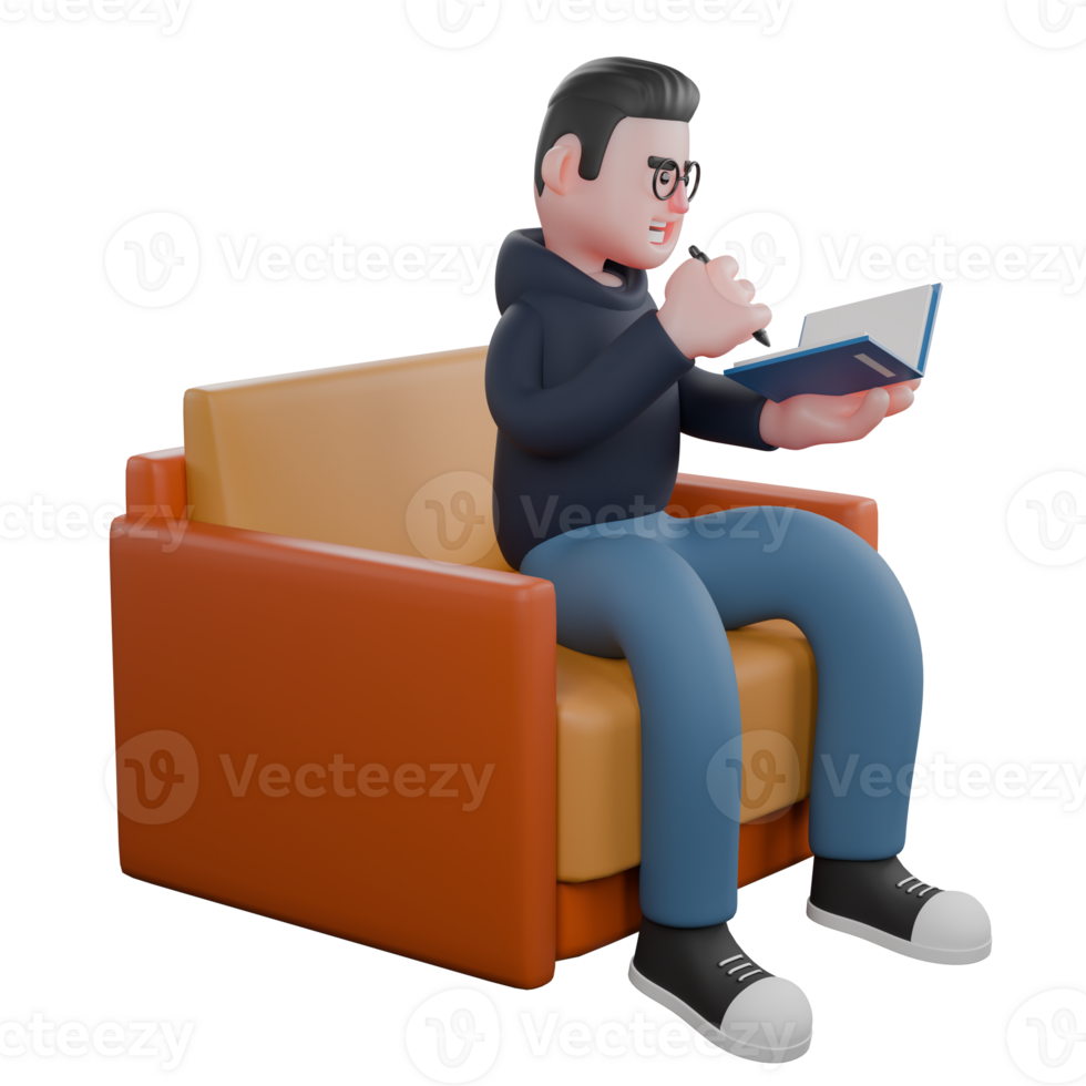 3D Male Programmer Coding. A male programmer is sitting on a sofa holding a book in his left hand and holding a pencil in his right hand. echnology Development Cartoon png