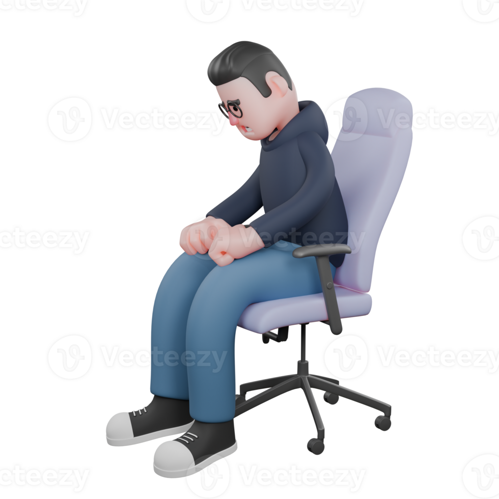 Coding Expert in 3D. A male programmer is sitting on a gaming chair with both hands on his thighs and his head looking down. Cartoon Programmer png