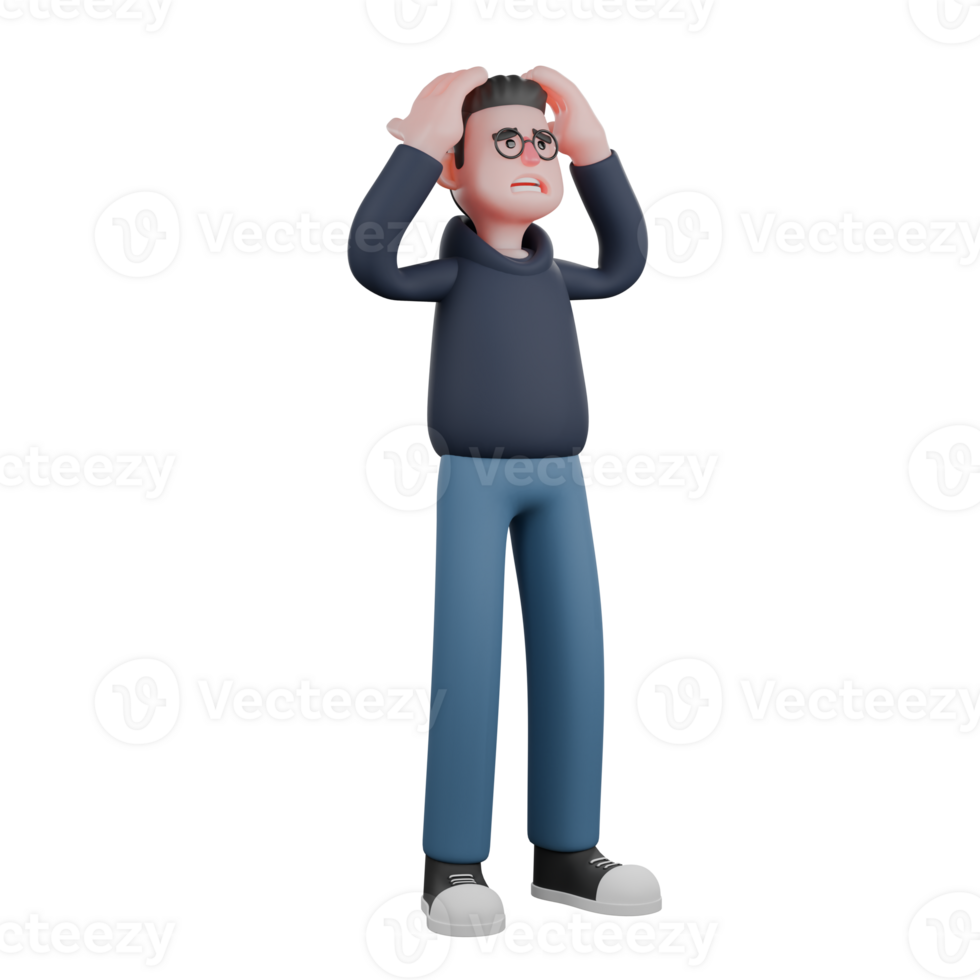 Illustrated of a Professional Programmer. A male programmer is standing with both hands holding his head. 3D Male png