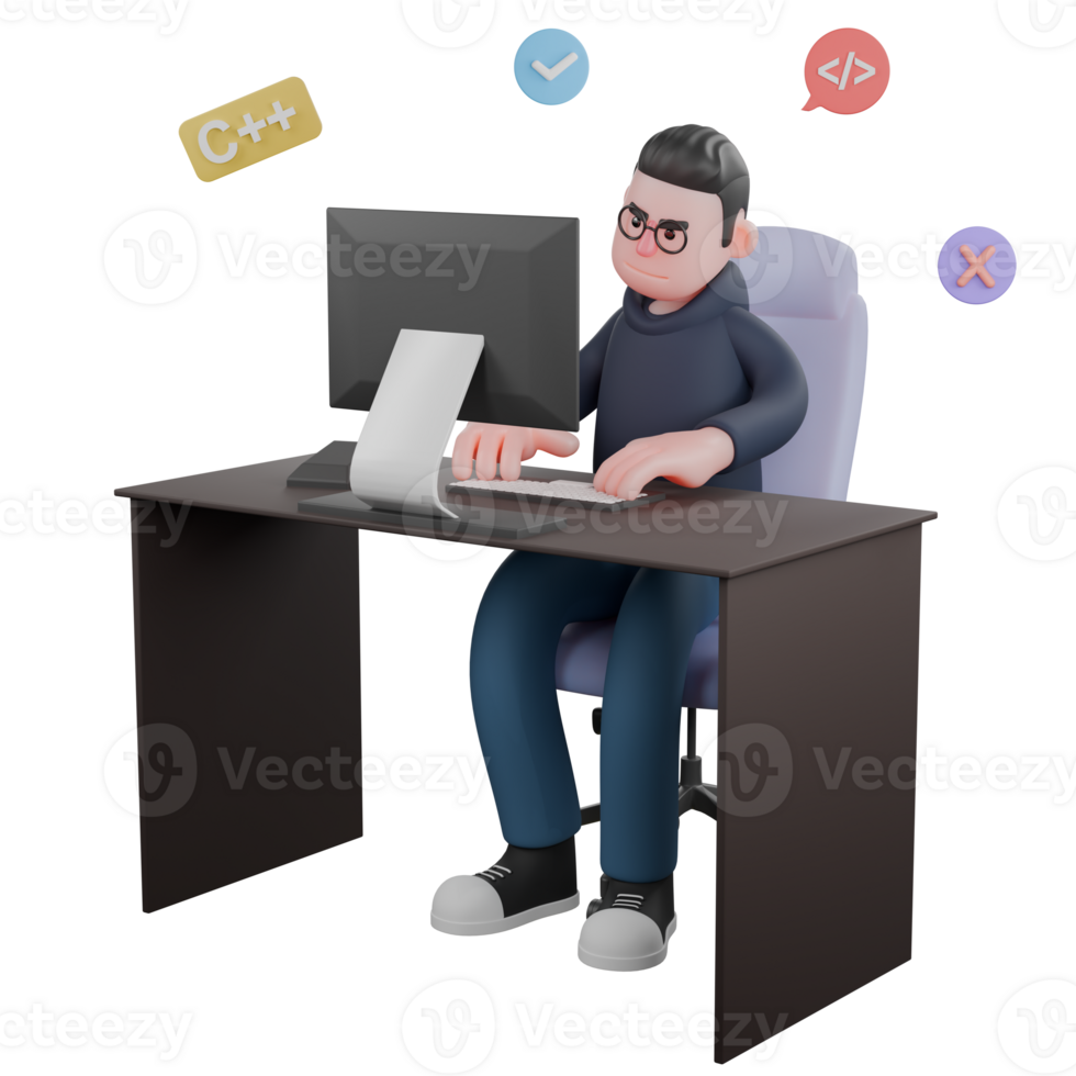 3D Cartoon Programmer Character. A male programmer is sitting behind a desk surrounded by sorkat symbols. Software Development Model png