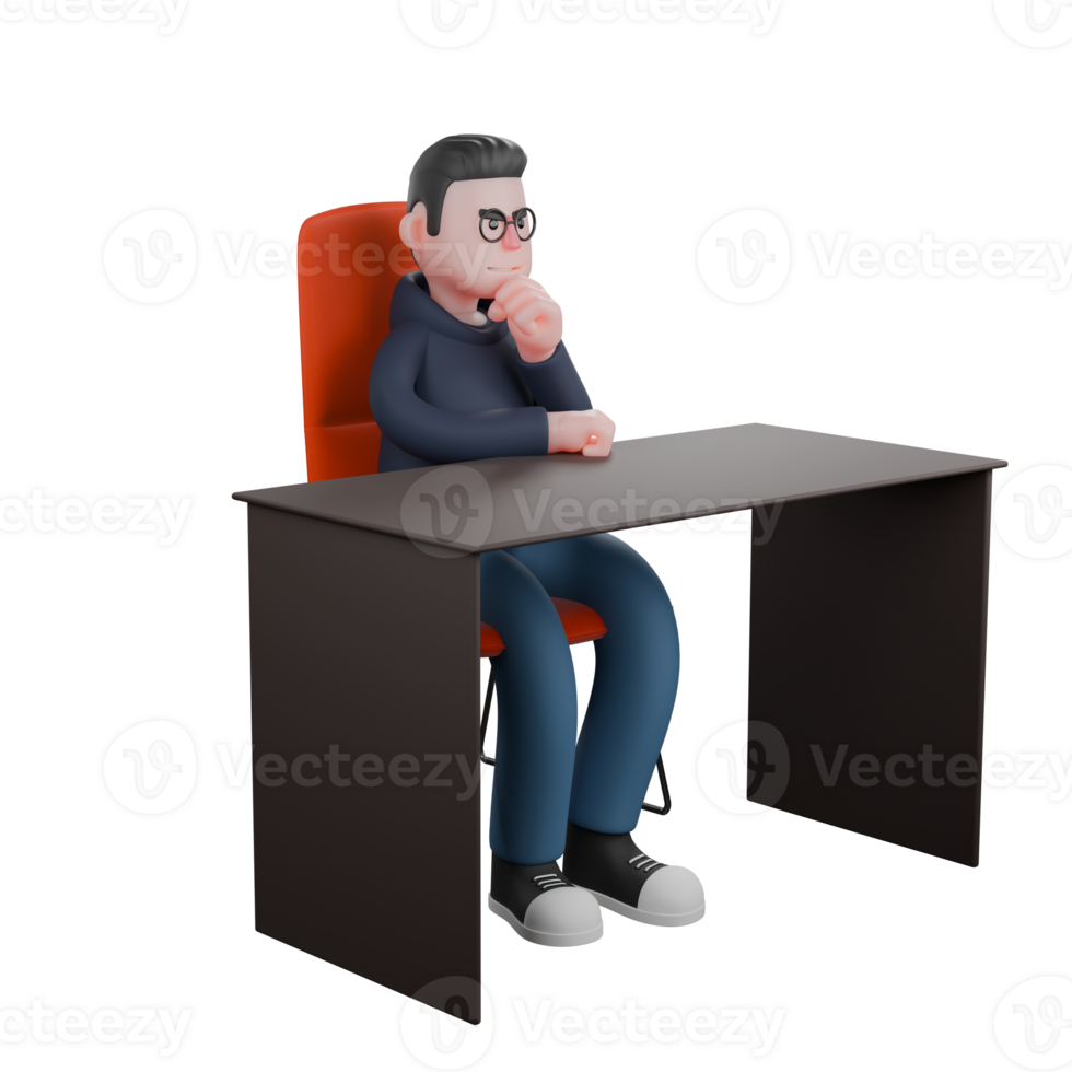 3D Male Software Expert. A male programmer is sitting behind a desk with his left hand holding his chin and his right hand on the desk. Illustrated Coding Character png