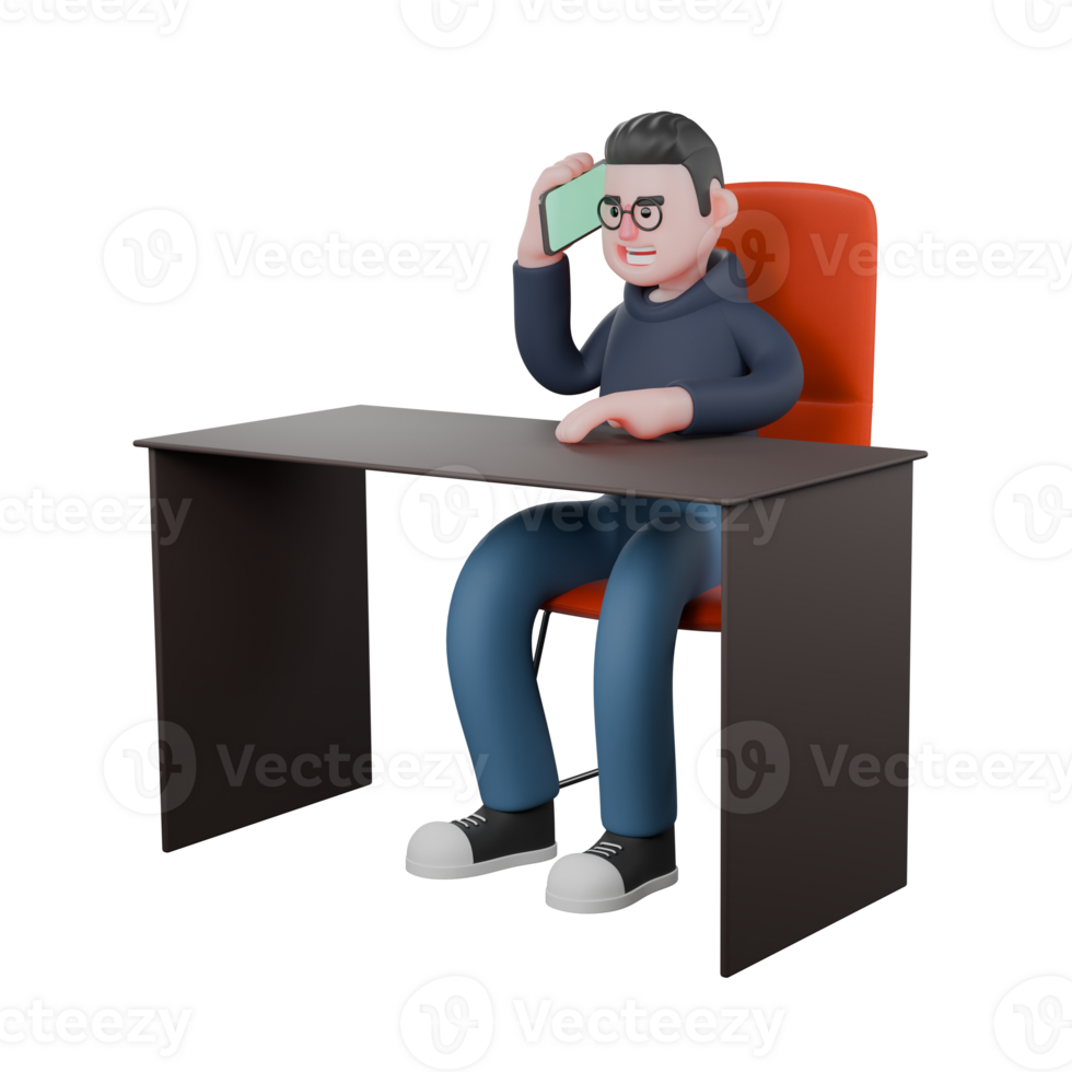 Programmer Character 3D. A male programmer is sitting behind a desk holding a cellphone in his right hand and his left hand on the table. Illustrated Male Developer png