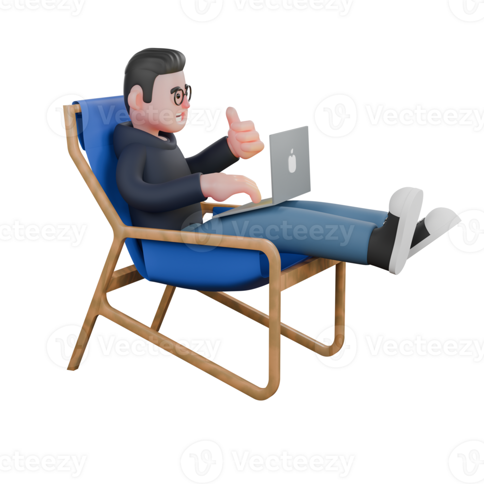 Software Expert 3D Model. A male programmer is sitting on a blue lounge chair with a laptop on his thigh and his left hand sticking out a thumb. Programmer Cartoon png