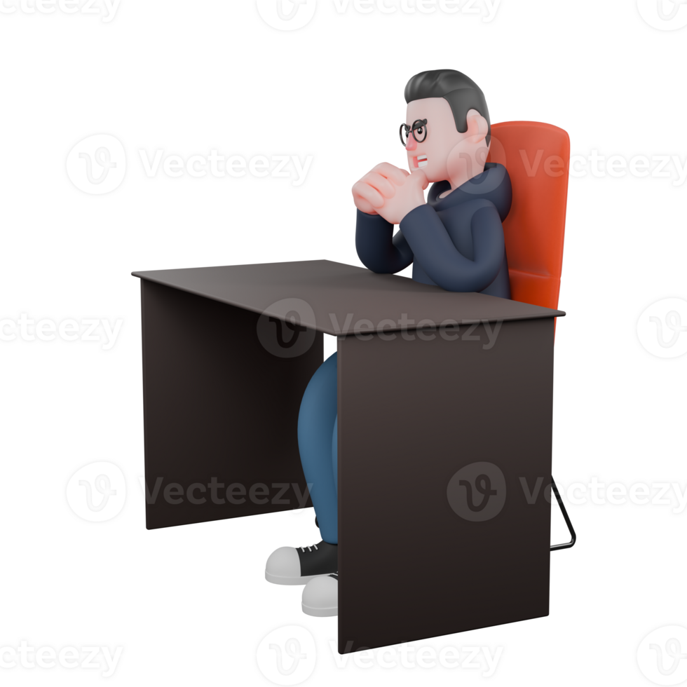 3D Cartoon Tech Specialist. A male programmer is sitting on an office chair with his hands clasped and a serious expression, appearing to be in deep thought. Software Engineering Scene png