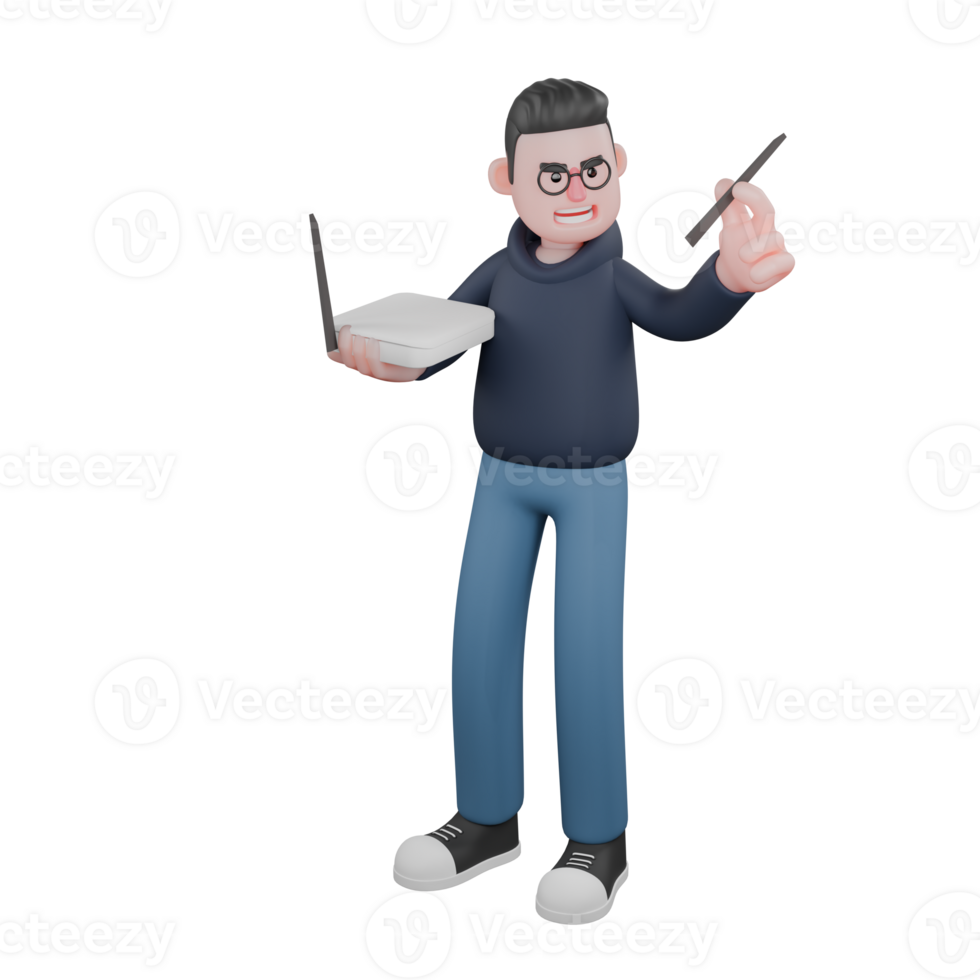 3D Tech Character. A male programmer is standing with his right hand holding a WiFi router and his two left fingers holding a WiFi router antenna. Male Programmer Illustrated png