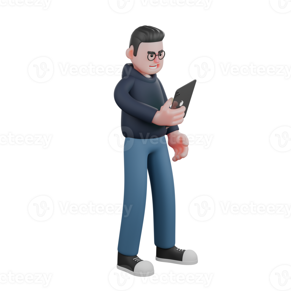 3D Animated Programmer. A male programmer is standing facing left holding a tablet in his right hand. Male Tech Figure png