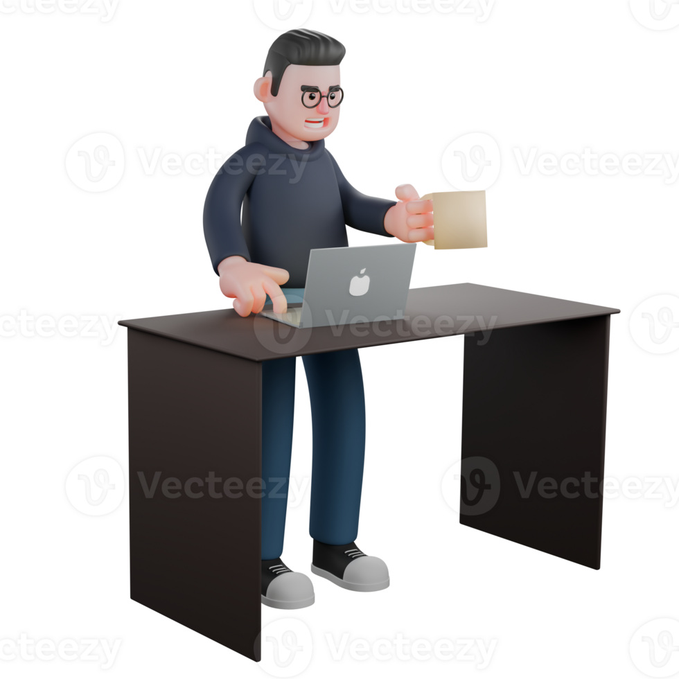 3d ilustrado do masculino programador. uma masculino programador é em pé atrás uma escrivaninha com dele certo mão segurando uma computador portátil em a mesa e dele esquerda mão carregando uma copo do café. isto especialista png