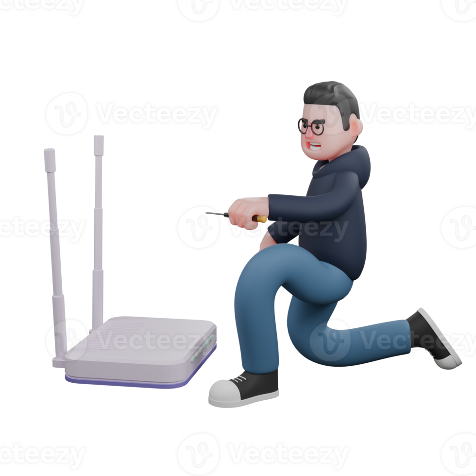 Professional Male in Programming. A male programmer is kneeling in front of a large WiFi router while his left hand holds a screwdriver. 3D Programmer Cartoon png