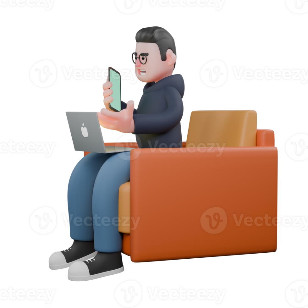 Male Programmer Character. A male programmer is sitting on a sofa with his laptop on his lap and his cellphone in his hand. 3D Coding Style png