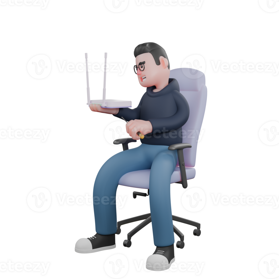 Cartoon Style Software Developer. A male programmer is sitting in his work chair with his right hand holding a WiFi router while his left hand holds a screwdriver. 3D Male png