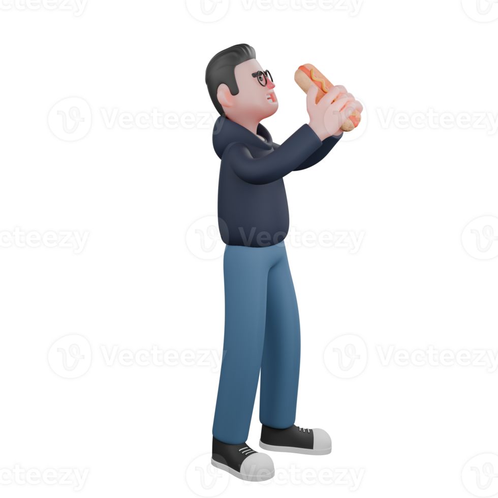 Male Programmer in Software Setting. A male programmer is standing with both of his hands raised holding a sausage in front of his mouth. 3D Character png