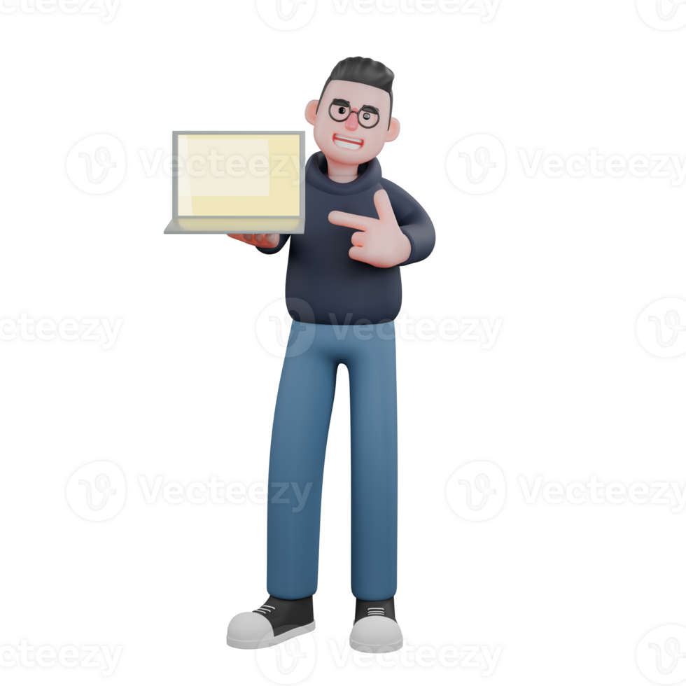 Male Tech Artist 3D Model. A male programmer is standing with his right hand pointing to his laptop screen while his left finger gives a gun symbol towards the laptop. Programmer Cartoon png