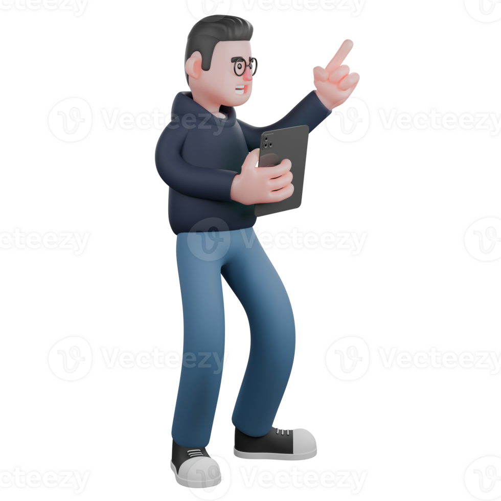 Male Programmer with Laptop. A male programmer is standing with his right hand holding a tablet while his left hand is raised forward while pointing. 3D Illustratede png