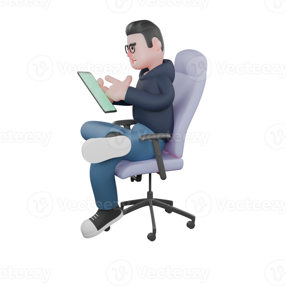 Tech Service Provider 3D. A male programmer is sitting on a work chair with his right hand holding a tablet while his left finger operates it. Male Programmer Cartoon png