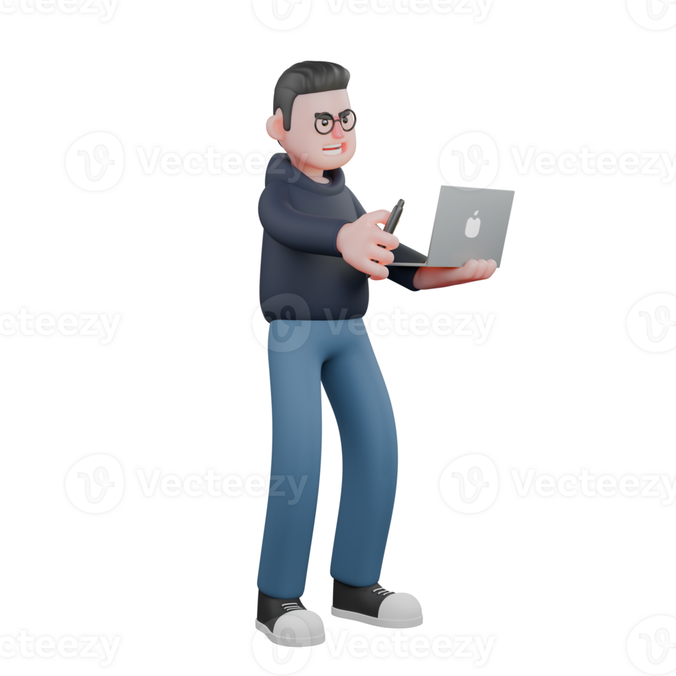 Professional Male Programmer in 3D. A male programmer is standing with his left hand carrying the laptop he is operating and his right hand holding a pen. IT Infrastructure Character png